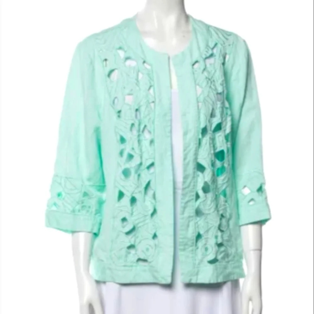 Bob Mackie Wearable Art Seafoam Green Cut Out Linen Blend Jacket Size XL